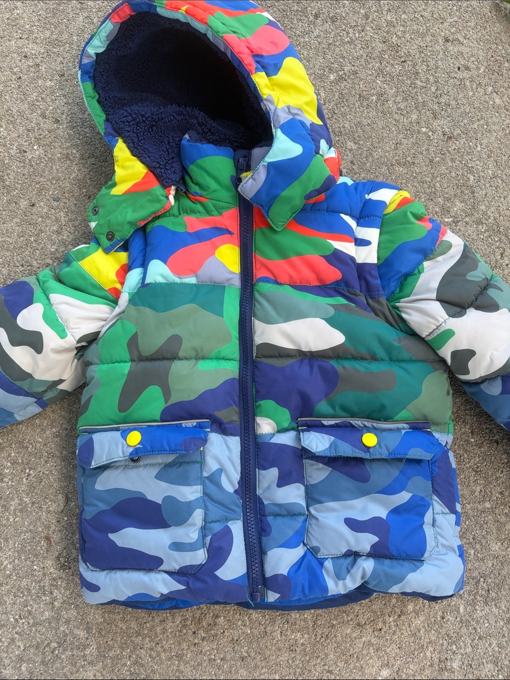Mini Boden Multicolor Camouflage Puffer convertible Jacket vest camo size 4 - 5
